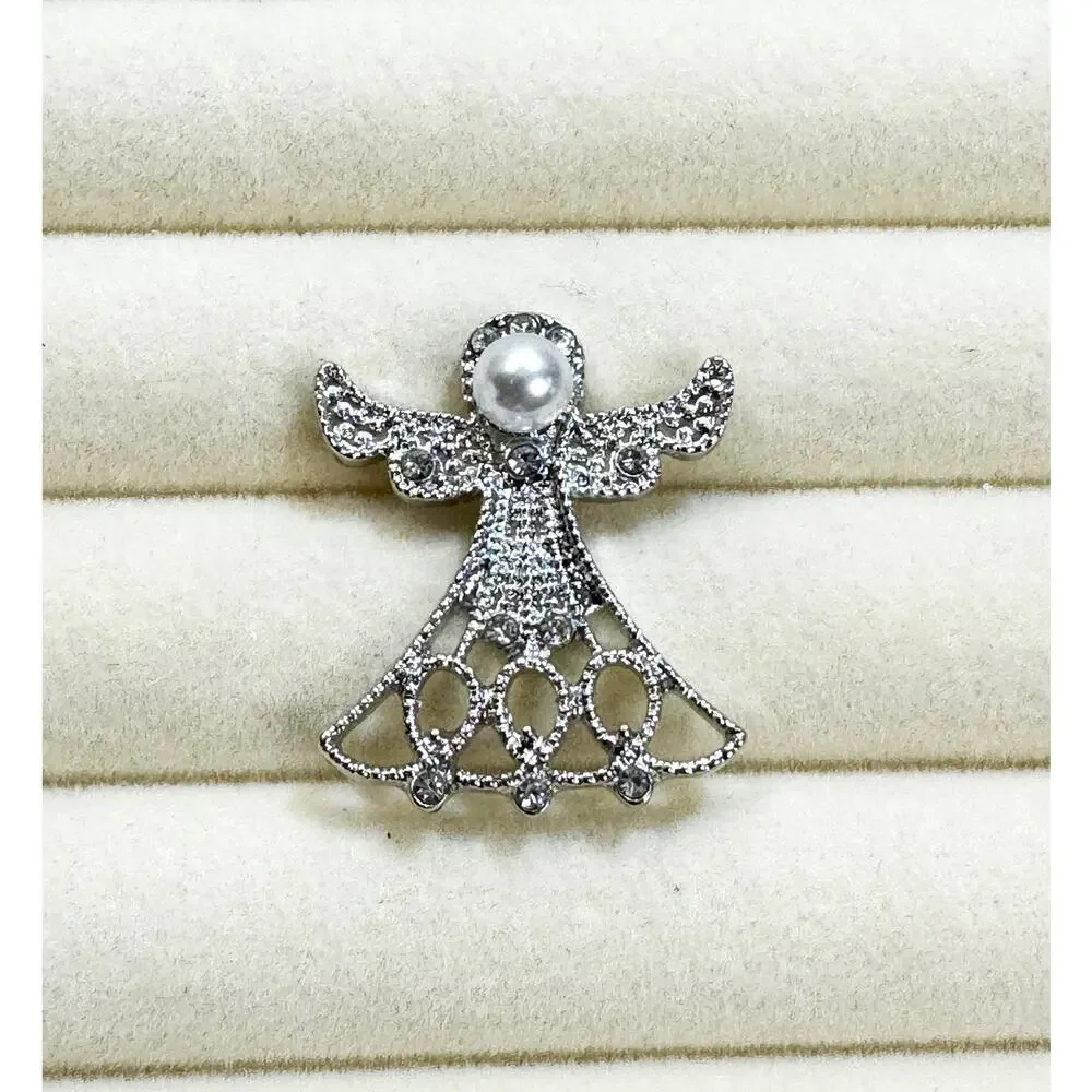 Silver Tone Angel Lapel Pin Brooch Faux Pearl Rhinestone Christmas Holiday CP255